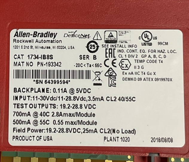 ALLEN BRADLEY 1734-IB8S INPUT MODULE SER B INPUT 11-30VDC @ 2.8A