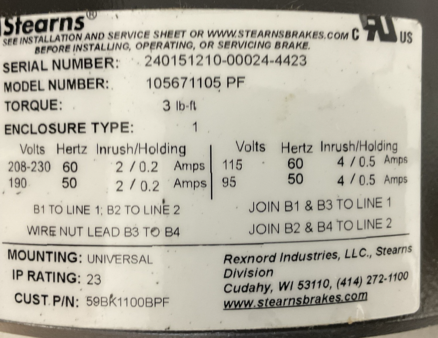 STEARNS 59BK1100BPF MODEL 105671105 UNIVERSAL ELECTRIC MOTOR BRAKE 3LB 115/230V