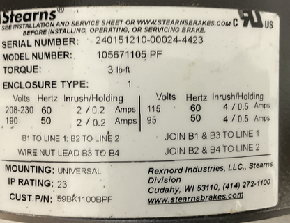 STEARNS 59BK1100BPF MODEL 105671105 UNIVERSAL ELECTRIC MOTOR BRAKE 3LB 115/230V