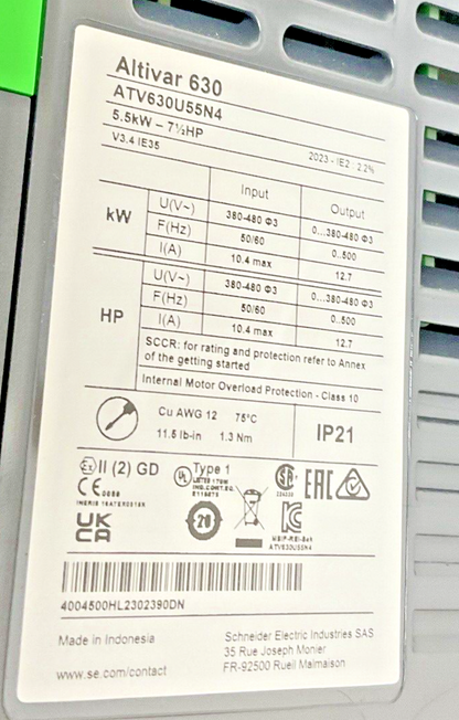 SCHNEIDER ELECTRIC ATV630U55N4 DRIVE-INVERTER 5.5KW 7.5HP V3.4IE35