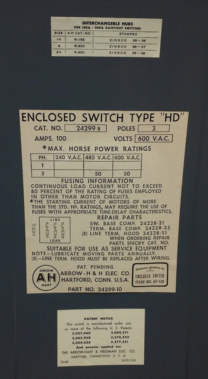 ARROW HART 24299R FUSIBLE ENCLOSED SWITCH TYPE HD, 3P, 3PH, 100A, 600V, NEMA 1