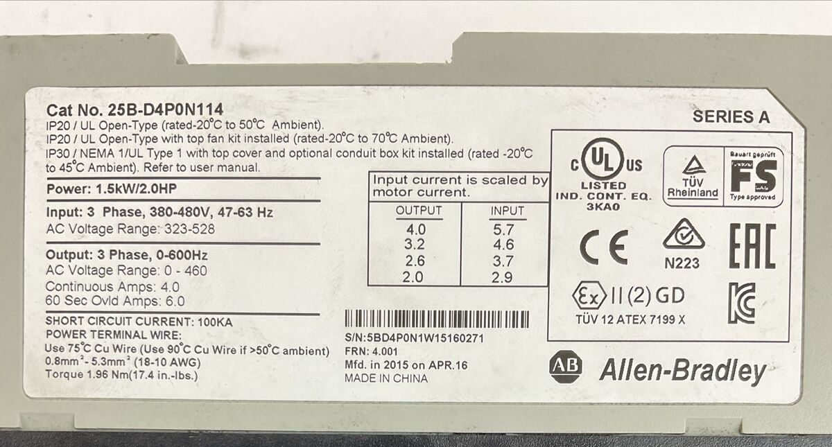 ALLEN BRADLEY 25B-D4P0N114 AC DRIVE FRN 4.001 OUTPUT 0-460VAC SER A