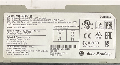 ALLEN BRADLEY 25B-D4P0N114 AC DRIVE FRN 4.001 OUTPUT 0-460VAC SER A