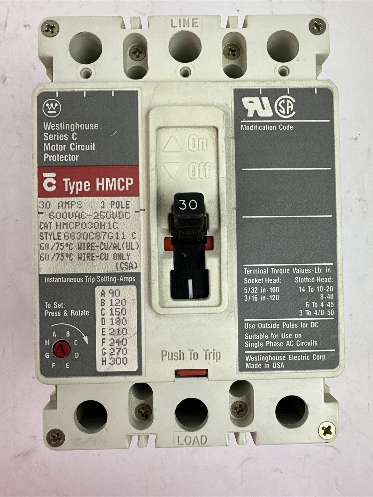WESTINGHOUSE HMCP030H1C SER C 3P 30AMP 600VAC 250VDC 6630C87G11 C MOTOR CIRCUIT