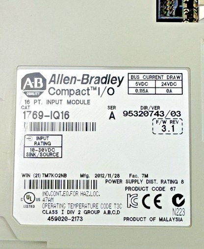 ALLEN-BRADLEY - 1769-IQ16 SER. A F/W REV. 3.1 DIR-VER 95320743/03 - SLC 500 OUT