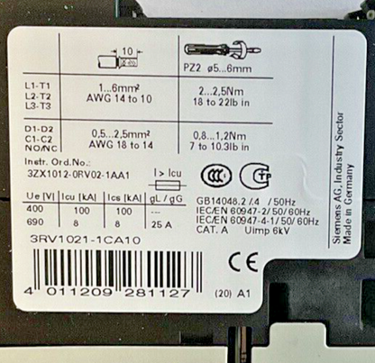 SIEMENS 3RV1021-1CA10 MOTOR CONTROL 1.8-2.5A
