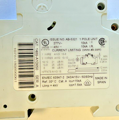 ALLEN BRADLEY 1489-A1D050 CIRCUIT BREAKER SER.A 277VAC 5A ***LOTOF5***