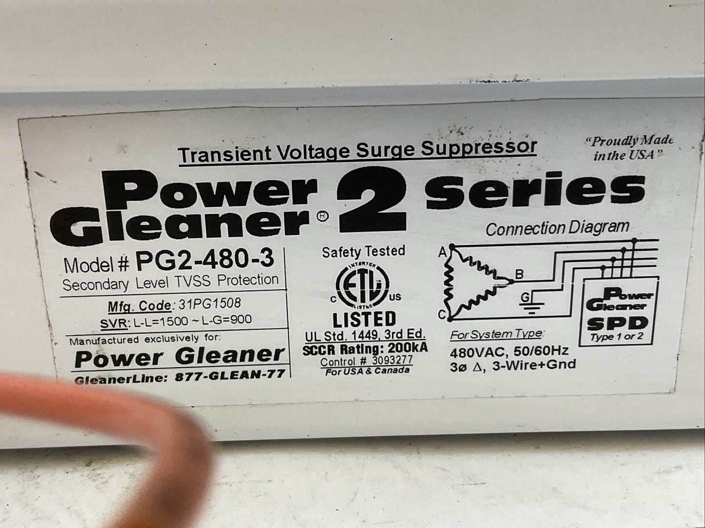 POWER GLEANER 2 SERIES PG2-480-3 TRANSIENT VOLTAGE SURGE SUPRESSOR 480VAC