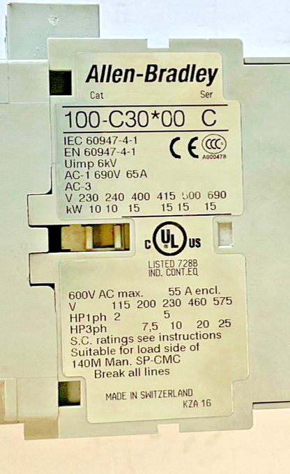 ALLEN BRADLEY 100-C30*00 CONTACTOR SER.C 690V 65A W/ 100-S SER.B AUX CONTACT