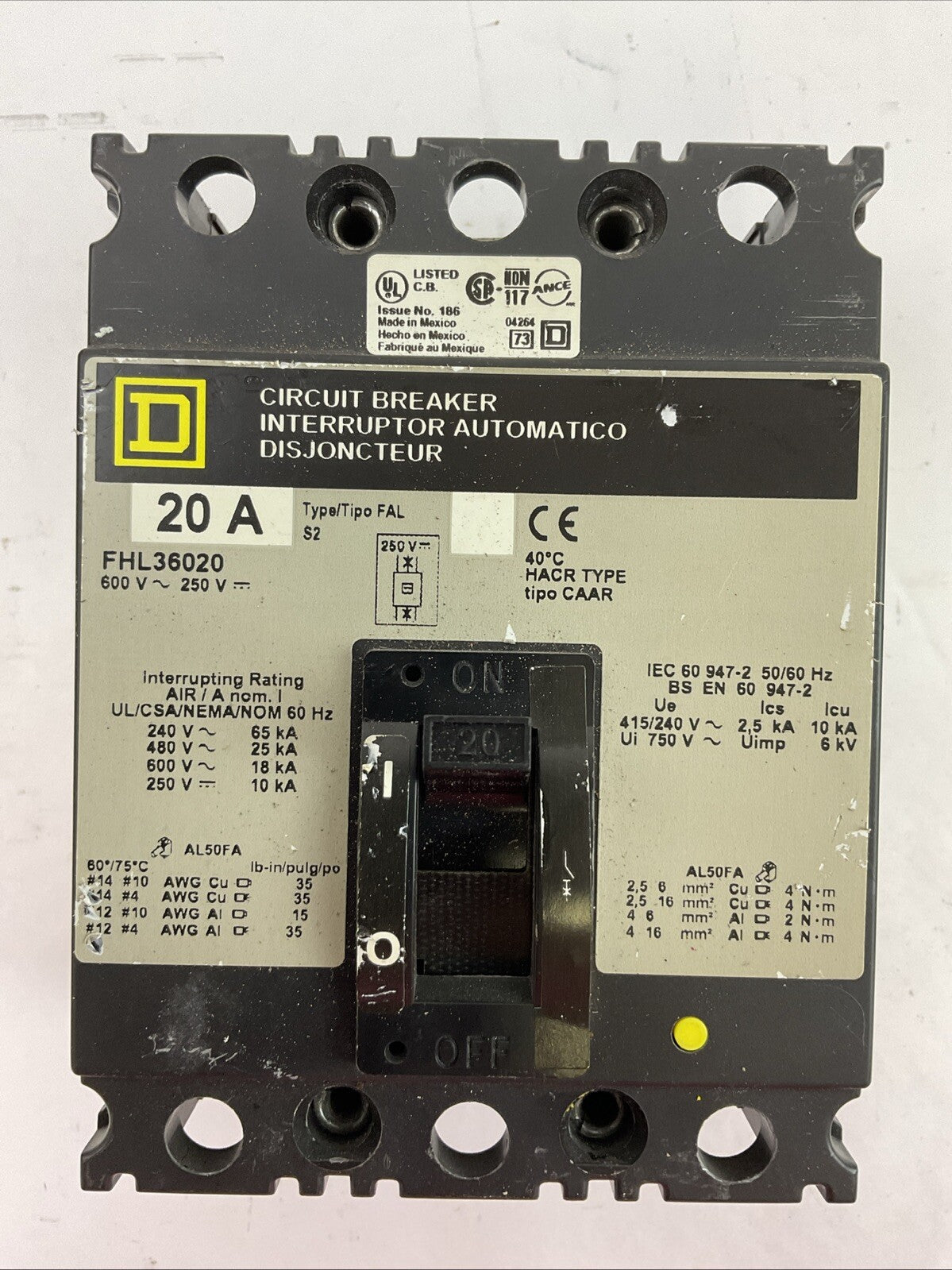 SQUARE D FHL36020 CIRCUIT BREAKER 20A 600VAC 250VDC 3POLE