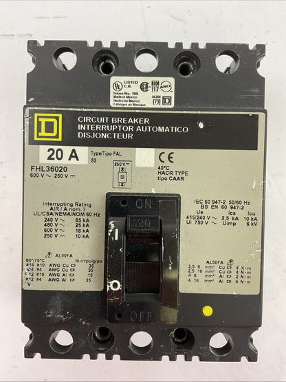 SQUARE D FHL36020 CIRCUIT BREAKER 20A 600VAC 250VDC 3POLE