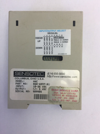 SENSOTEC MODEL WAC PART NO. 060-6897-01 INPUT 18-36VDC OUTPUT +/- 5VDC MODULE