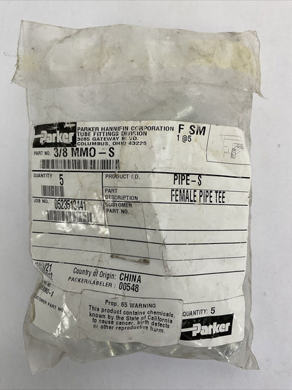 PARKER 3/8 MMO-S FEMALE PIPE TEE (BAG OF 5)