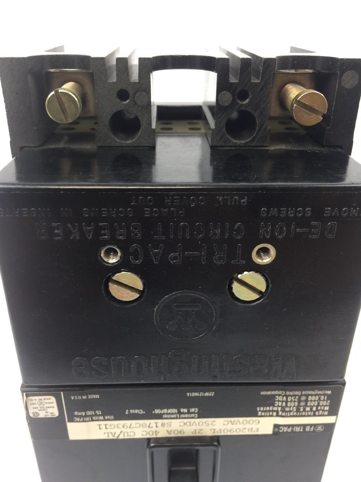 WESTINGHOUSE FB2090PL TRI PAC CKT BRKR 2P 90A 40C 600 VAC 250 VDC