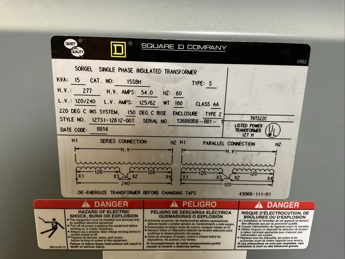 SQUARE D 15S8H SORGEL 15KVA H.V. 277 54A L.V. 120/240 125/62A TRANSFORMER