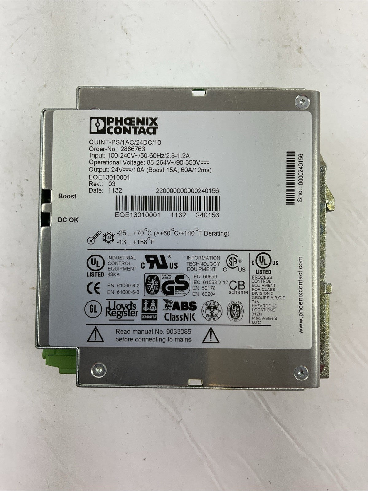 PHOENIX CONTACT QUINT-PS/1AC/24DC/10 POWER SUPPLY OUTPUT 24VDC 10A INPUT