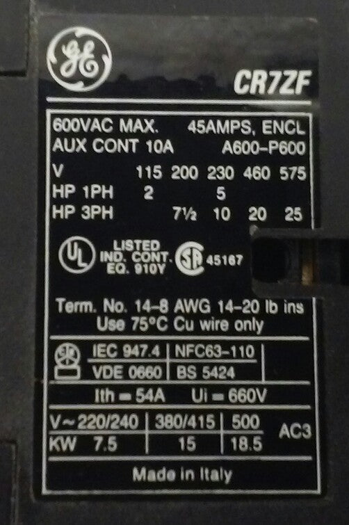 GENERAL ELECTRIC CR7ZFL Magnetic Contactor, 24V coil, 600VAC, 45A (NEW SURPLUS)