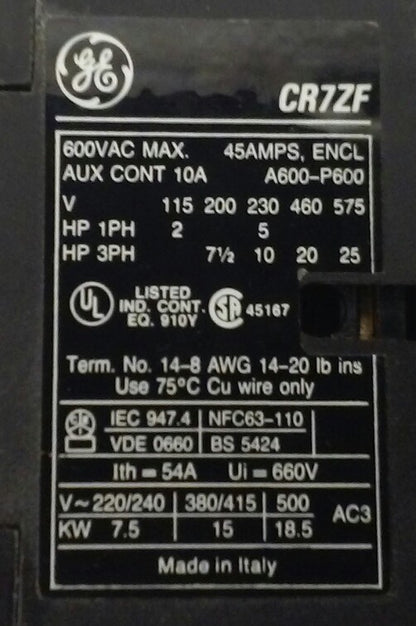 GENERAL ELECTRIC CR7ZFL Magnetic Contactor, 24V coil, 600VAC, 45A (NEW SURPLUS)