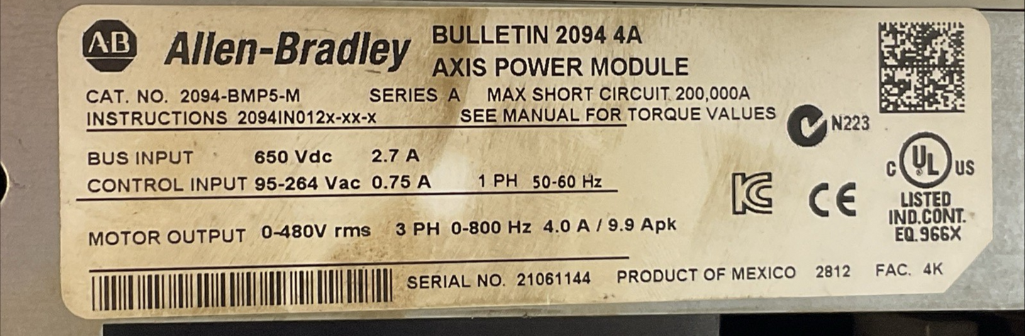 ALLEN BRADLEY 2094-BMP5-M AXIS POWER 2094-SE02F-M00-S0 SAFE OFF FW VER V1.035