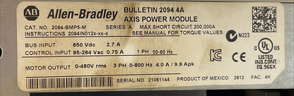 ALLEN BRADLEY 2094-BMP5-M AXIS POWER 2094-SE02F-M00-S0 SAFE OFF FW VER V1.035
