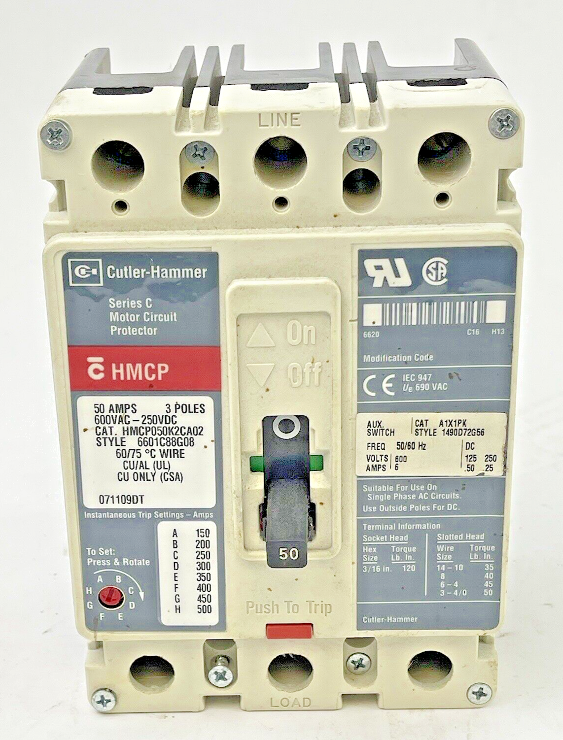 WESTINGHOUSE / EATON -HMCP050K2CA02- MOTOR CIRCUIT PROTECTOR - 50A/3POLE/600VAC