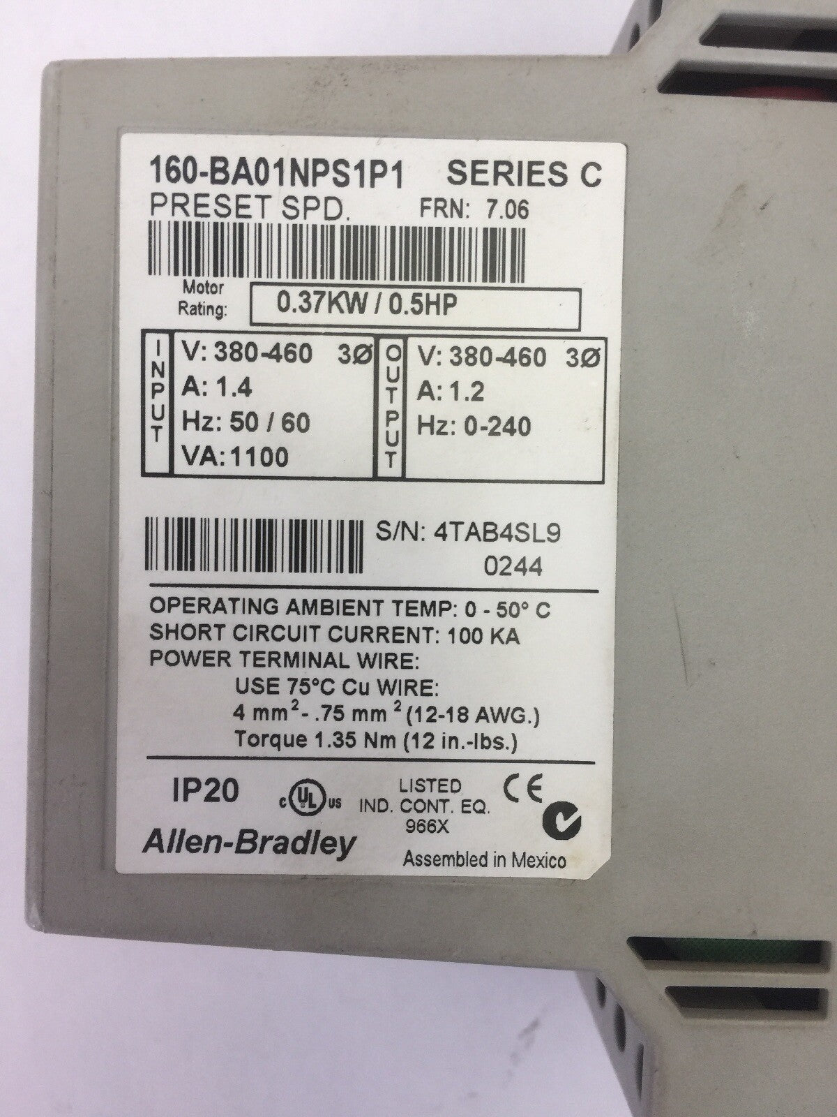 ALLEN BRADLEY 160-BA01NPS1P1 AC DRIVE 380-460V