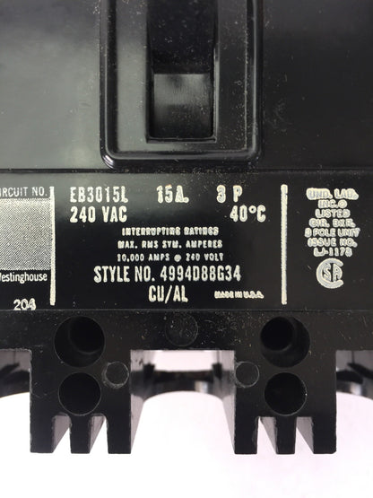 WESTINGHOUSE EB3015L CIRCUIT BREAKER 15AMP 240VAC 3POLE 4994D88G34