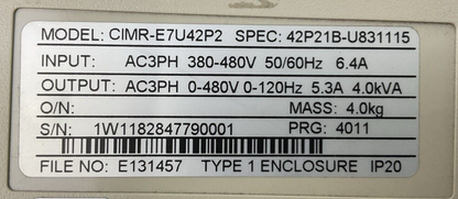 YASKAWA CIMR-E7U42P2 AC VARISPEED E7 DRIVE OUTPUT 3PH 0-480VAC 5.3A 4.0kVA INPUT