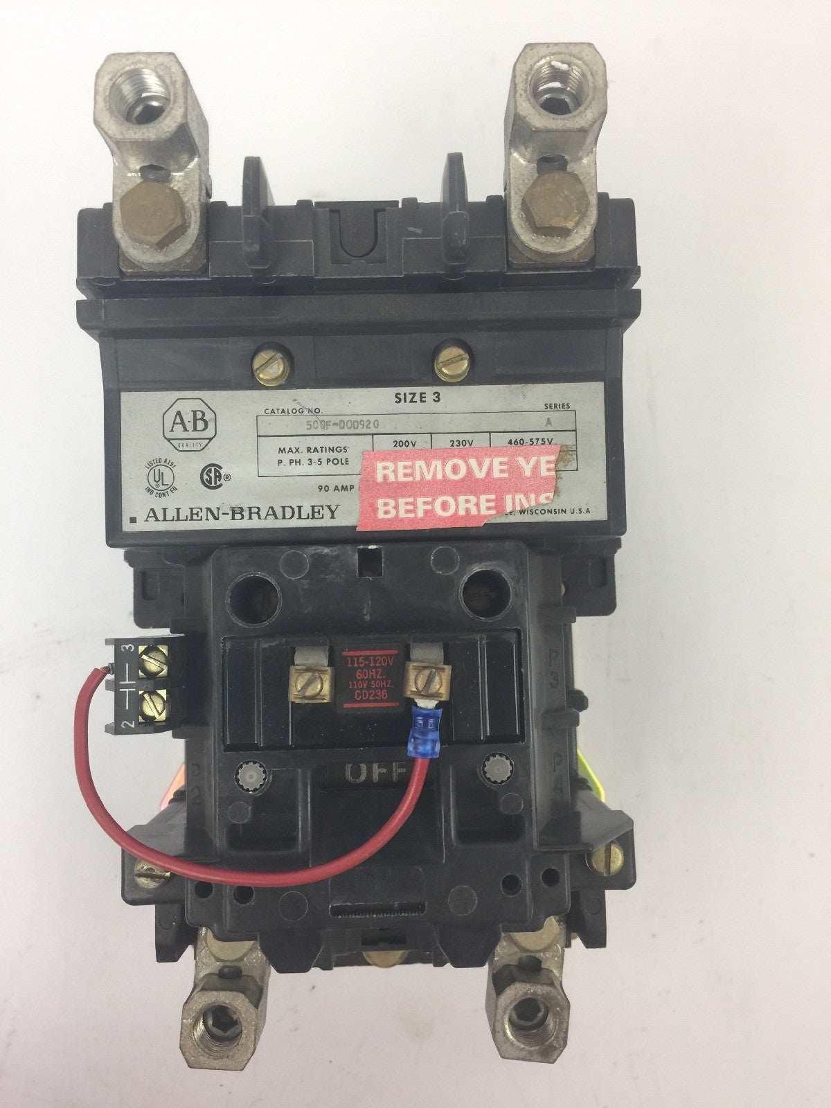 ALLEN BRADLEY 500F-D0D920 AC CONTACTOR 115-120V 60HZ 110V 50HZ SIZE 3 90 AMP