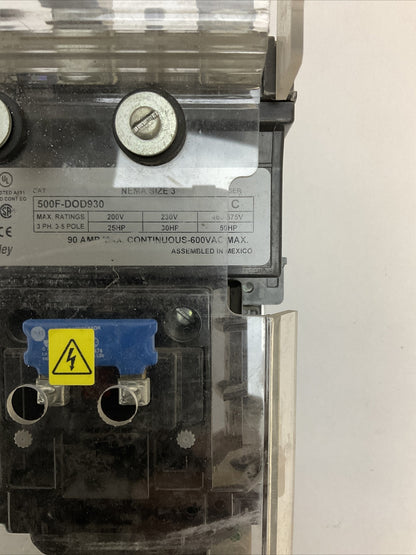 ALLEN BRADLEY SIZE 3 STARTER 500F-DOD930 SER C 90A 600VAC 50HP 592-EEGD SER C
