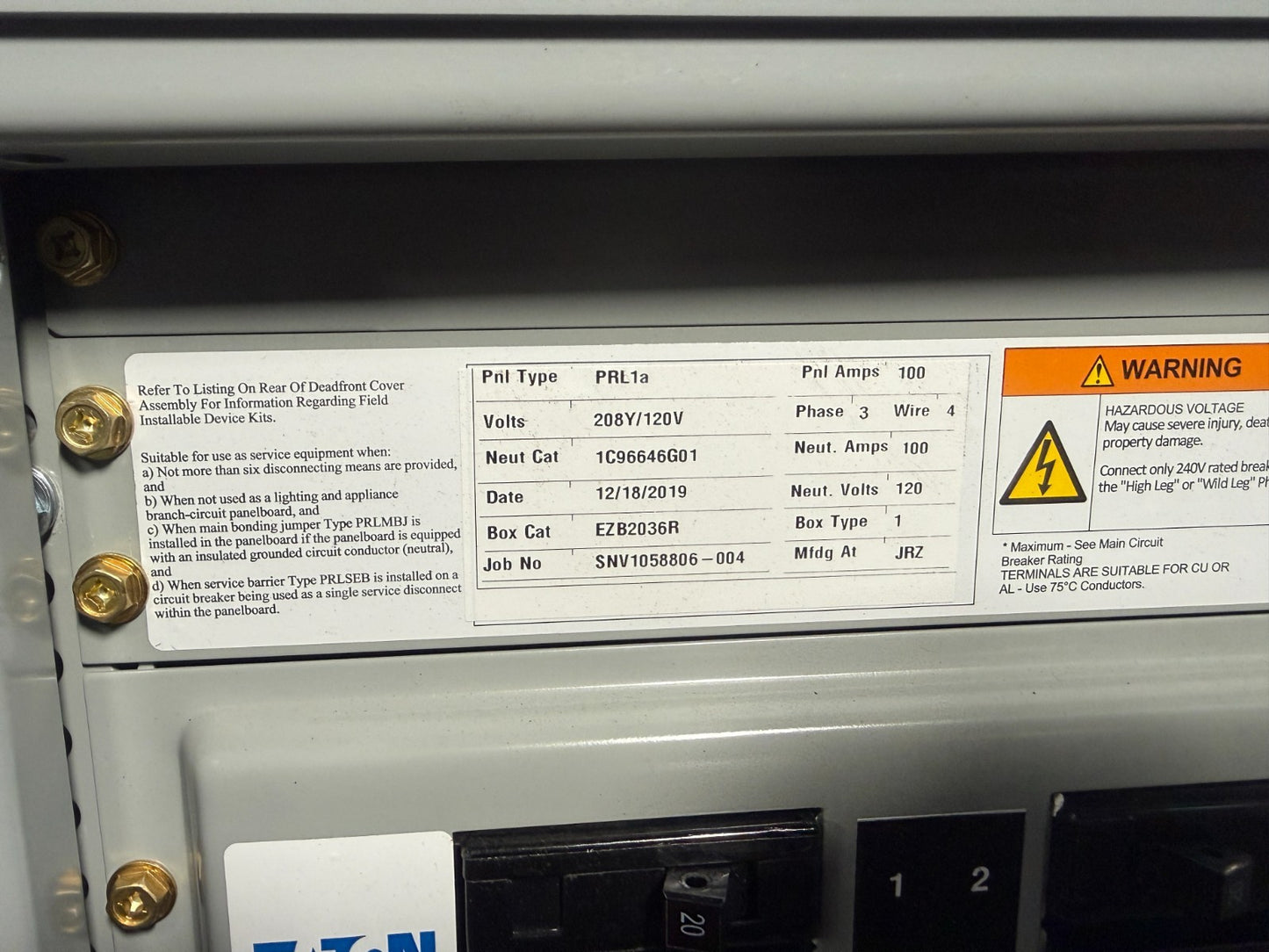 EATON PRL1a 100AMP 208Y/120V 3PH PANELBOARD W/ 20A (18)CIRCUIT BREAKERS