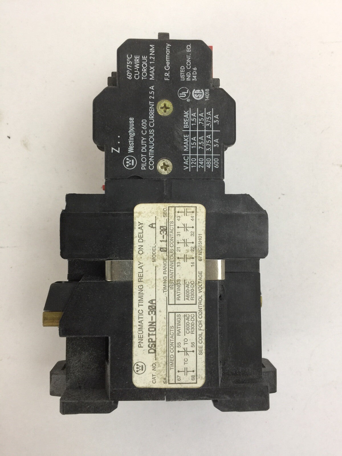 WESTINGHOUSE DSPTON-30A MODEL A PNEUMATIC TIMING RELAY 6P 0.1-30 SEC COIL 120V