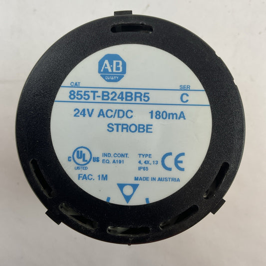 ALLEN BRADLEY 855T-B24BR5 SER C 24V AC/DC 180mA AMBER STROBE LIGHT TYPE 4,4X,13
