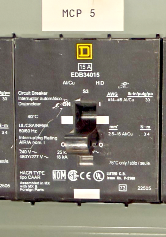 SQUARE D NF442L2C PANELBOARD E1 250A 600Y/347VAC W/ (9)EDB34015 15A CIR. BREAKER