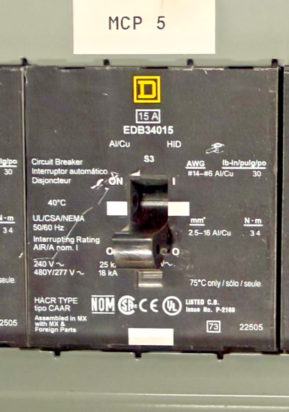 SQUARE D NF442L2C PANELBOARD E1 250A 600Y/347VAC W/ (9)EDB34015 15A CIR. BREAKER