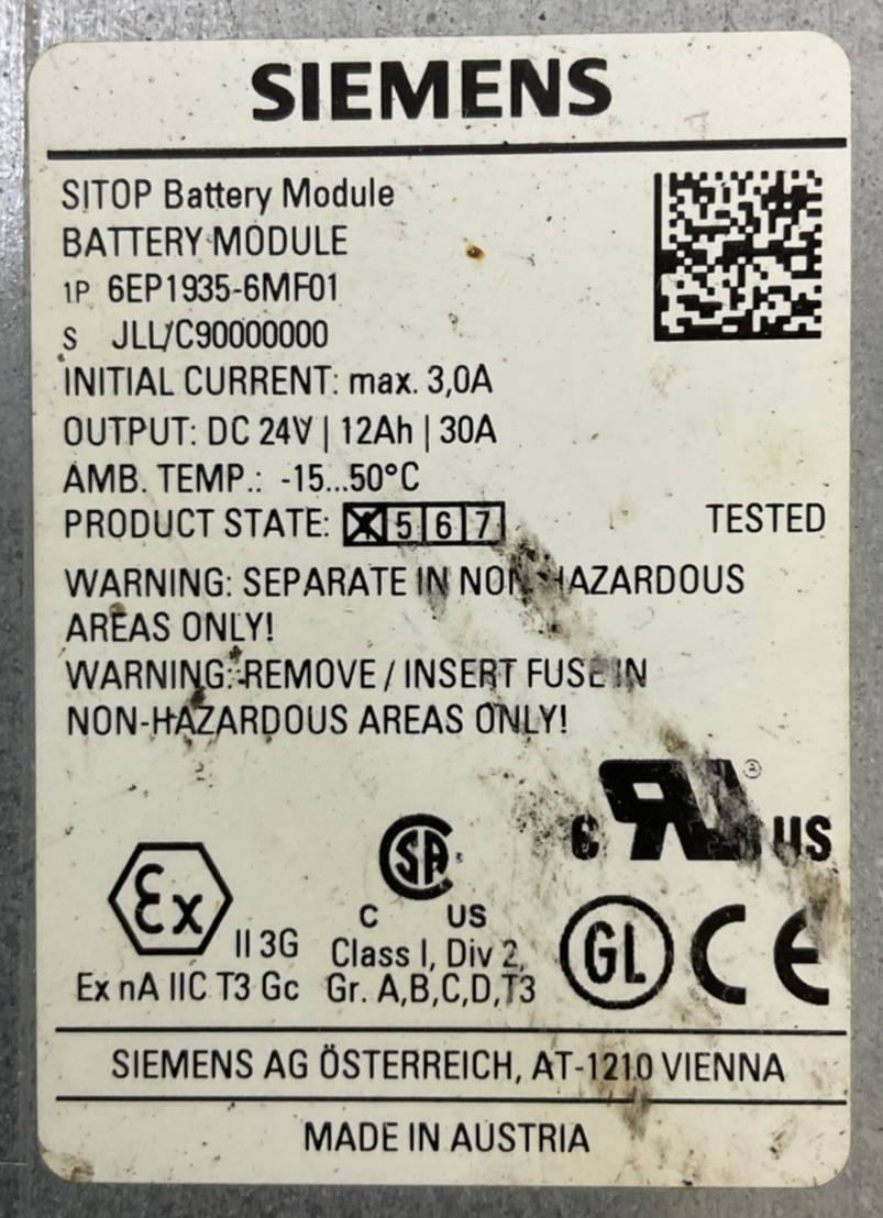 SIEMENS 1P 6EP1935-6MF01 SITOP BATTERY MODULE OUTPUT 24VDC
