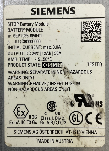 SIEMENS 1P 6EP1935-6MF01 SITOP BATTERY MODULE OUTPUT 24VDC