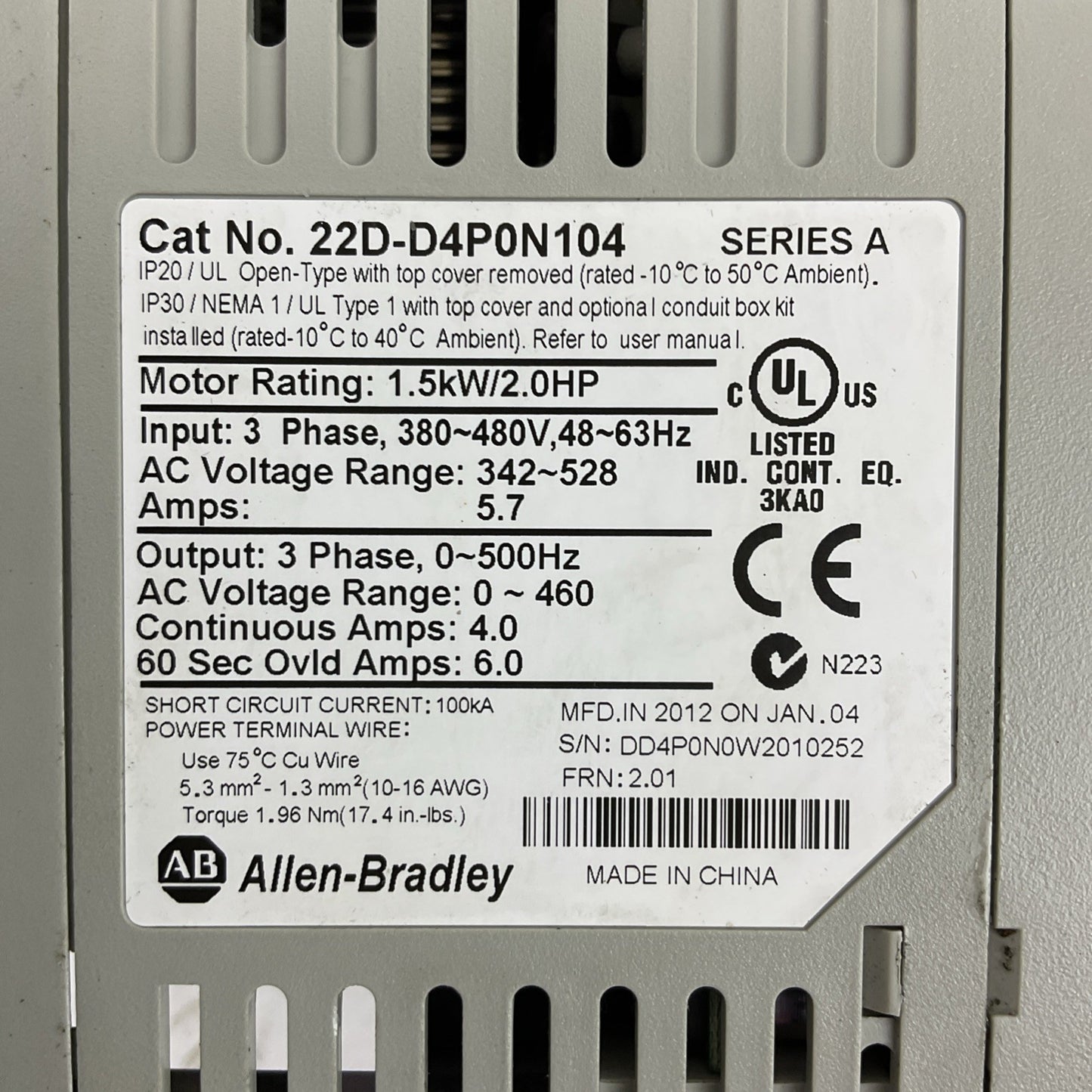 ALLEN BRADLEY 22D-D4P0N104 SER A FRN 2.01 AC DRIVE 1.5kW/2.0HP POWER FLEX