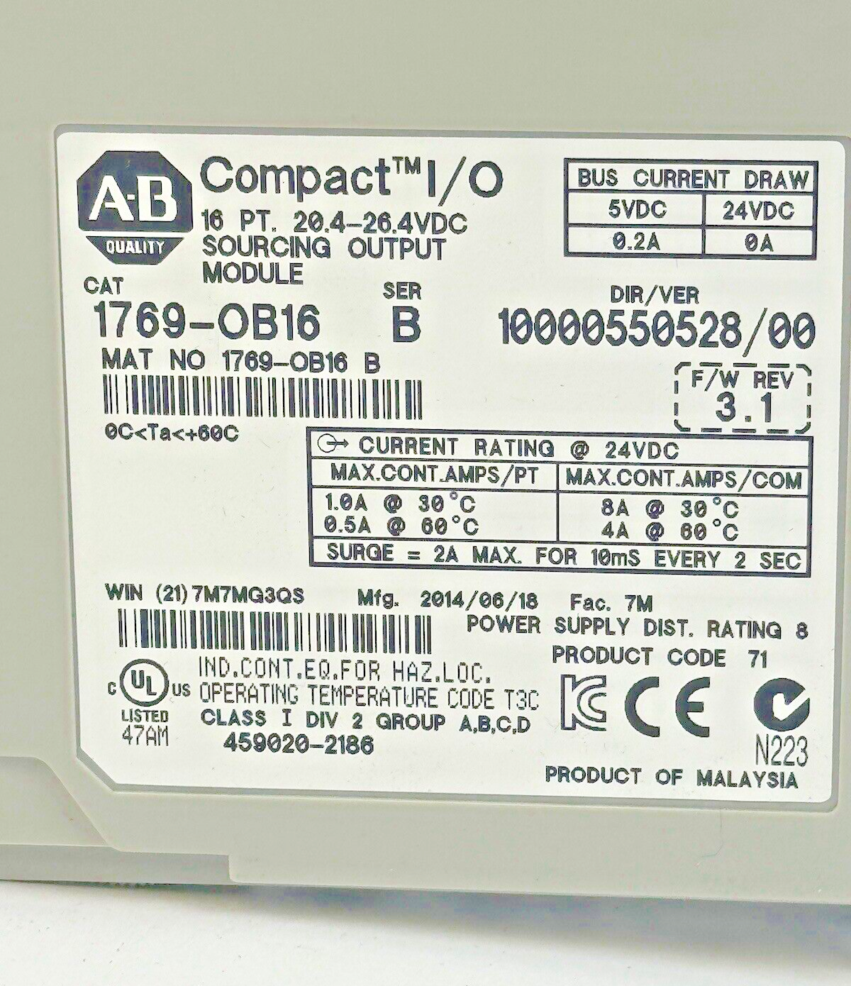 ALLEN-BRADLEY - 1769-OB16 SER. B, F/W REV 3.1, DIR/VER 10000550528/00 - 16 PT.