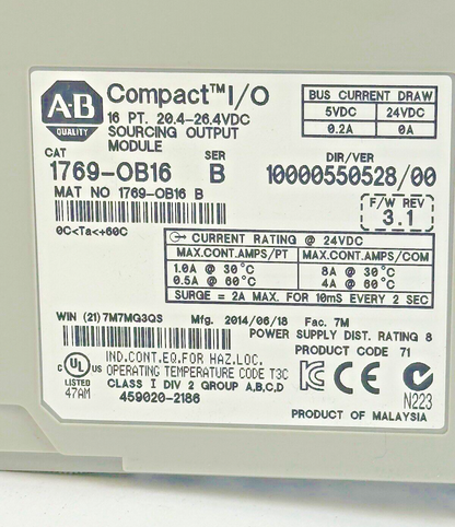 ALLEN-BRADLEY - 1769-OB16 SER. B, F/W REV 3.1, DIR/VER 10000550528/00 - 16 PT.
