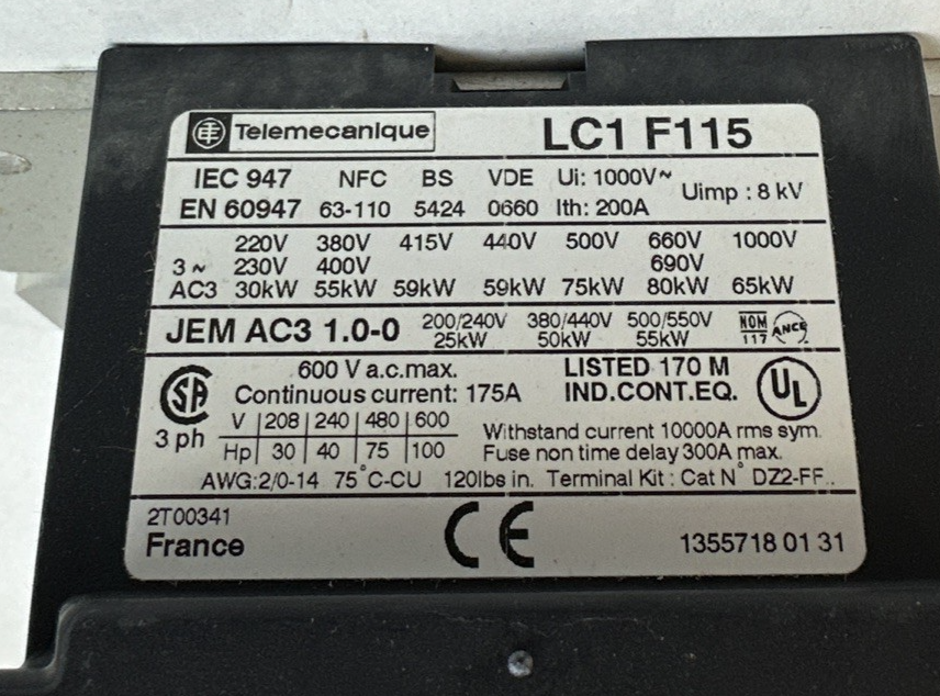 TELEMECANIQUE LC1F115 CONTACTOR 600VAC 175A