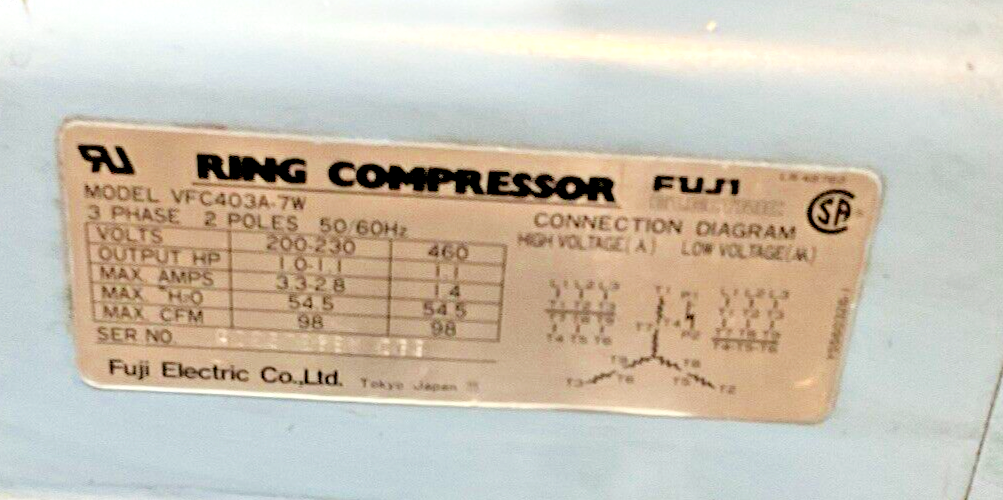 FUJI VFC403A-7W RING COMPRESSOR 1.0-1.1HP 3PH 2POLE 460V