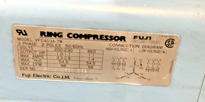 FUJI VFC403A-7W RING COMPRESSOR 1.0-1.1HP 3PH 2POLE 460V
