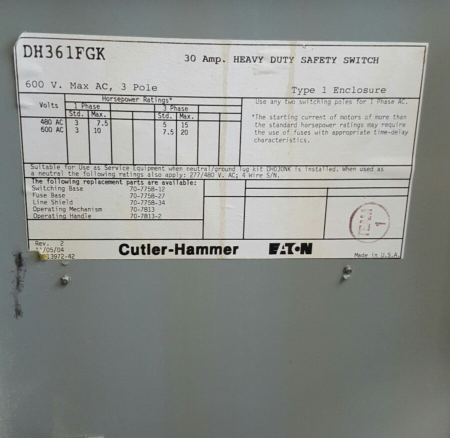 Cutler Hammer DH361FGK Heavy Duty Safety Switch 30 Amp 3 Pole 600 Vac w/3 Fuses
