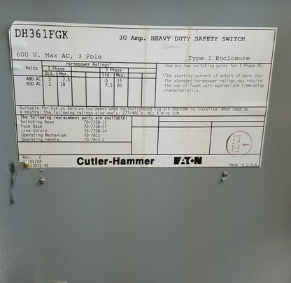 Cutler Hammer DH361FGK Heavy Duty Safety Switch 30 Amp 3 Pole 600 Vac w/3 Fuses