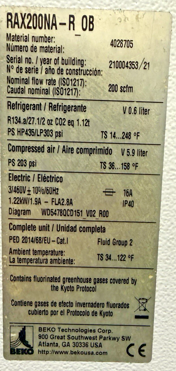BEKO RAX200NA-R OB AIR DRYER HP435 200SCFM 203PSI R134 460V DRYPOINT V5.9L