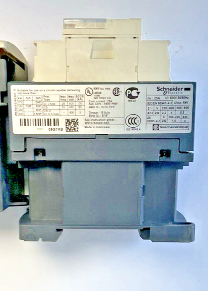 SCHNEIDER ELECTRIC LC1 D09 W/ LRD 10 CONTACTOR OVERLOAD RELAY 25A 690V 50/60HZ