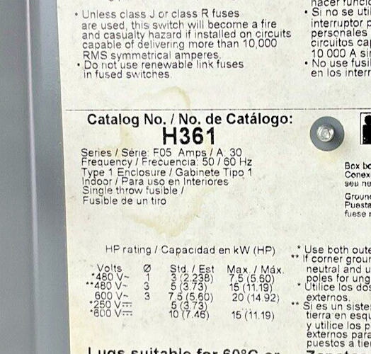 SQUARE D H361 FUSIBLE SER.F05 DISCONNECT SWITCH 30A 600VAC 600VDC