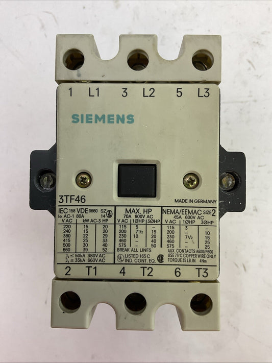 SIEMENS 3TF46 CONTACTOR 600VAC 70A 50HP COIL 120V 60HZ