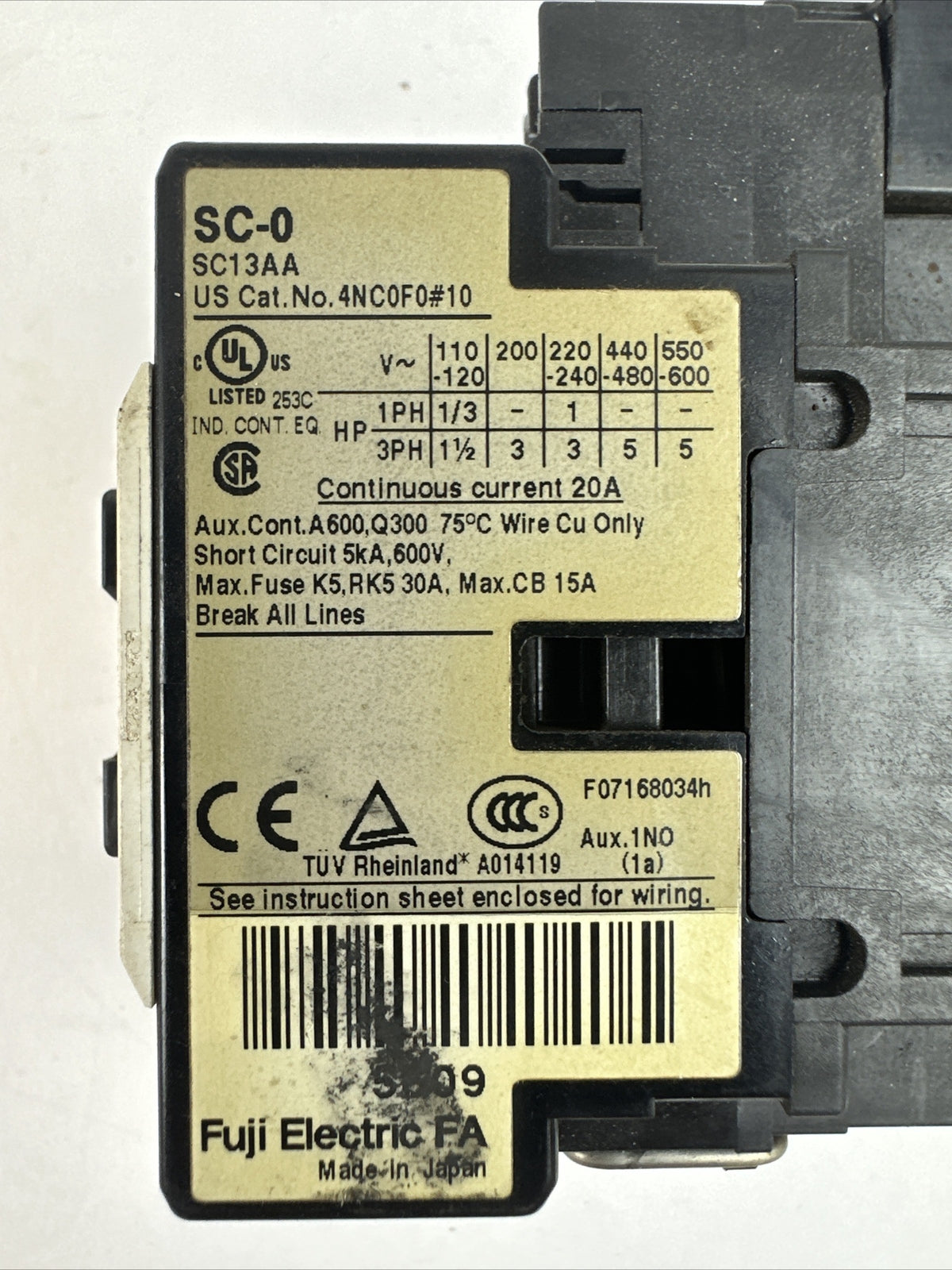 FUJI 4NC0F0#10 SC-0 CONTACTOR 3PH 5HP 600VAC COIL 100-110V 60HZ SZ-Z5